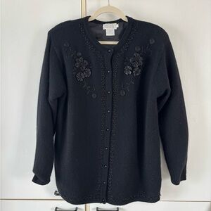 Black Embroidered Beaded 3D Floral Women Large cardigan Lambswool Rabbit Hair